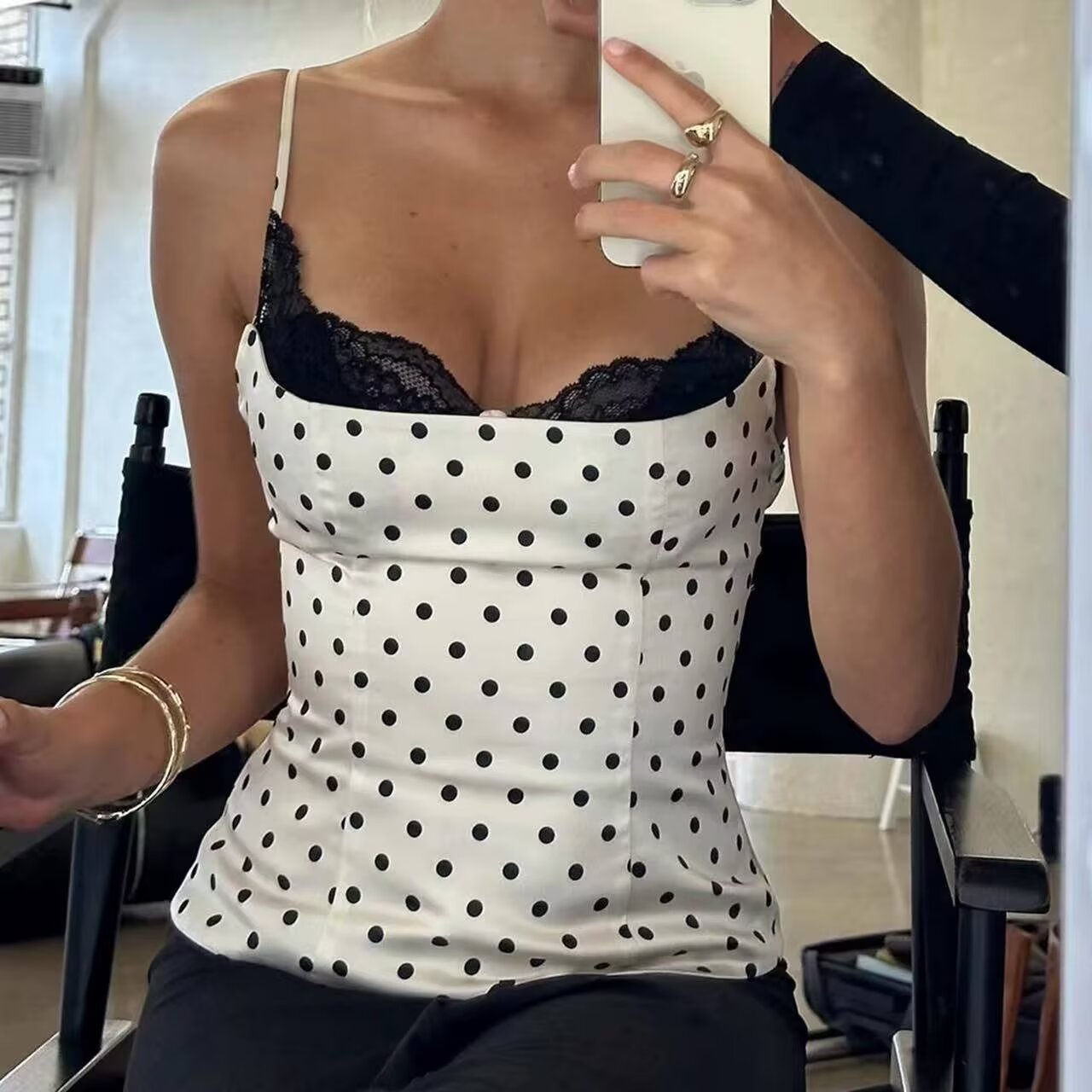 Polka Dot Summer Lace Splicing Sling Vest Slim Fit Slim Sexy Top by Ragazza