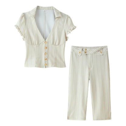 Women Clothing Spring Sexy Button Short Sleeve Top Pant Sets by Ragazza
