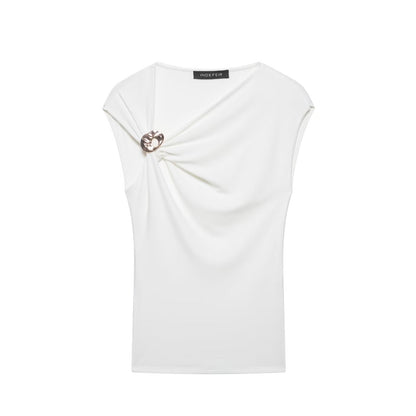 Women Clothing Summer Sleeveless Asymmetric Collar Pleated Pullover Top by Ragazza