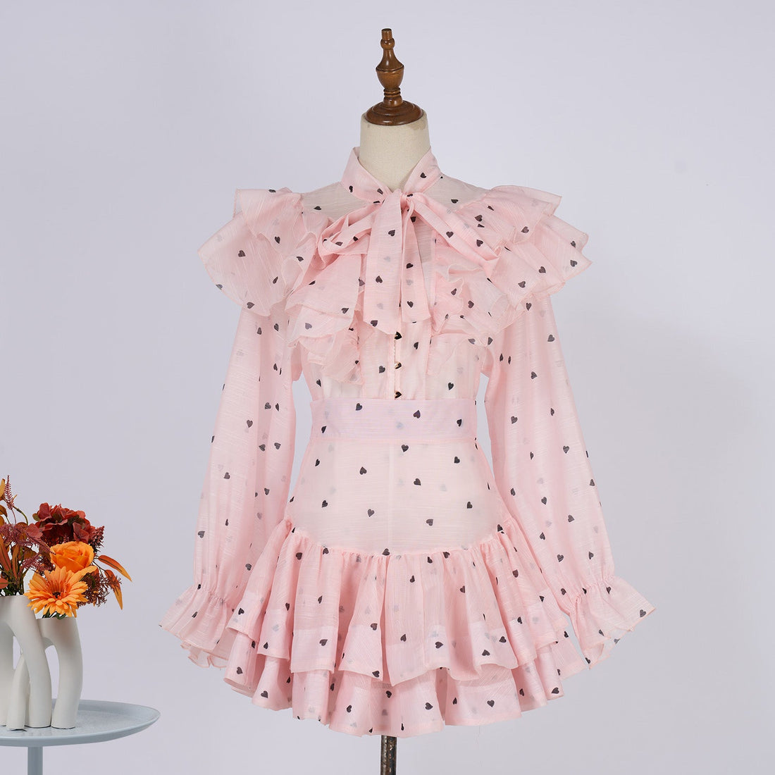 Women Heart Shaped Print Tie Up Ruffled Hem Blouse With High Waisted Short Half Length Skirt Two Piece Sets by Ragazza