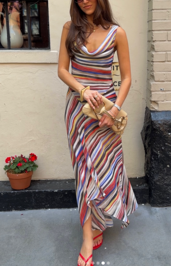 Women Clothing Fashionable Elegant Swing Collar Colorful Striped Sleeveless Dress by Ragazza