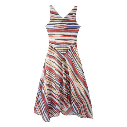 Women Clothing Fashionable Elegant Swing Collar Colorful Striped Sleeveless Dress by Ragazza