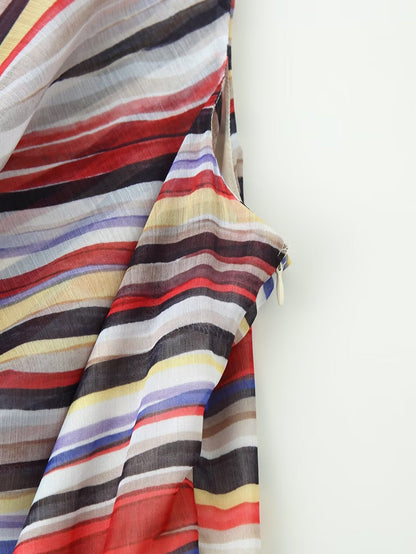Women Clothing Fashionable Elegant Swing Collar Colorful Striped Sleeveless Dress by Ragazza