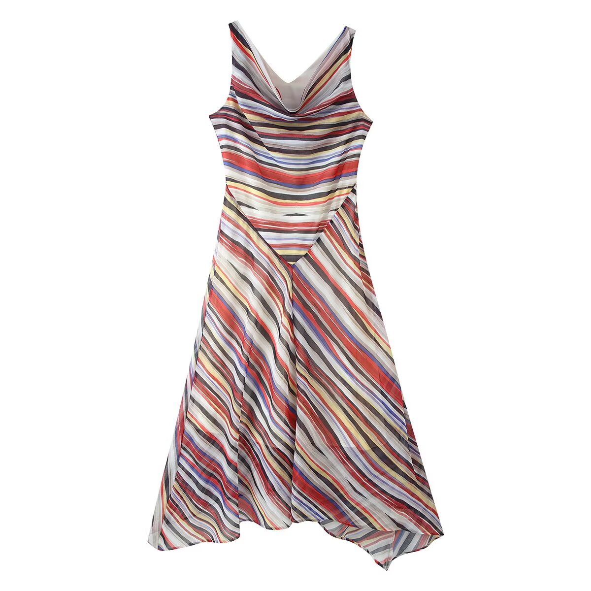 Women Clothing Fashionable Elegant Swing Collar Colorful Striped Sleeveless Dress by Ragazza