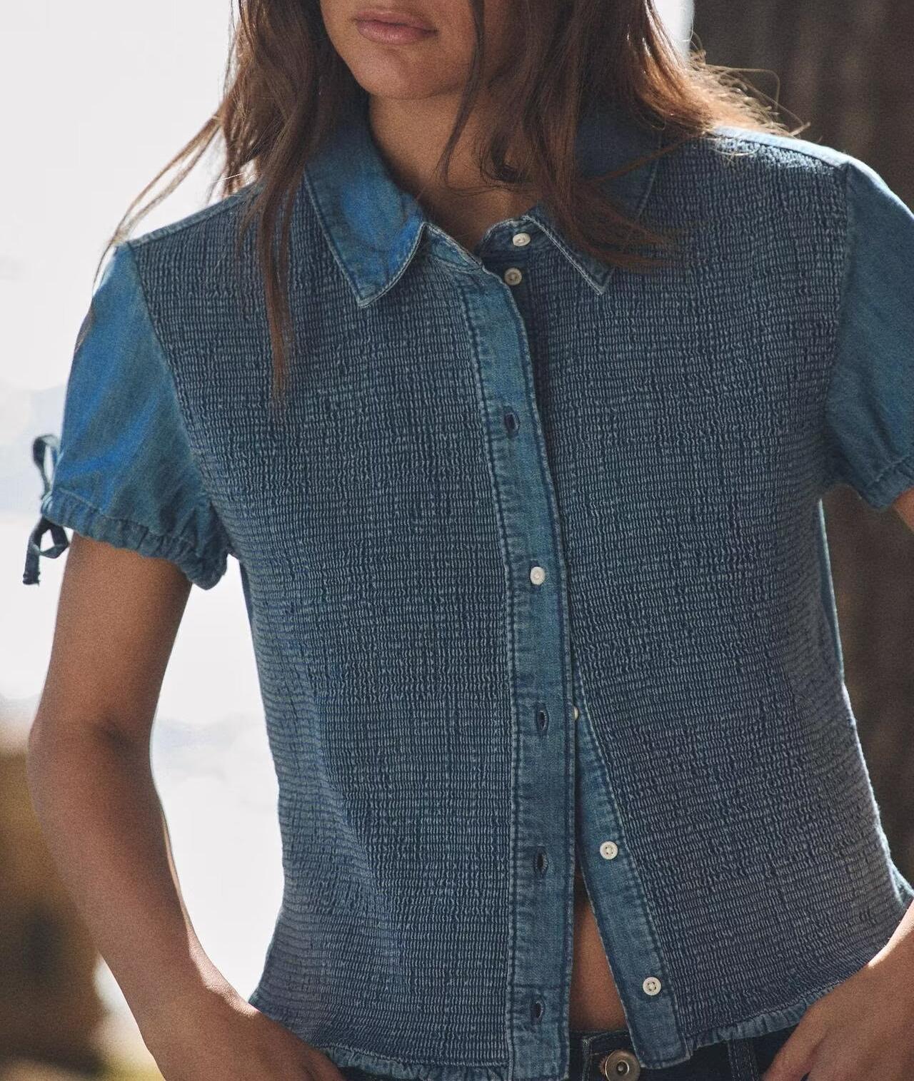 Women Clothing Summer Slim Fit Short Sleeved Collared Honeycomb Denim Shirt Women by Ragazza
