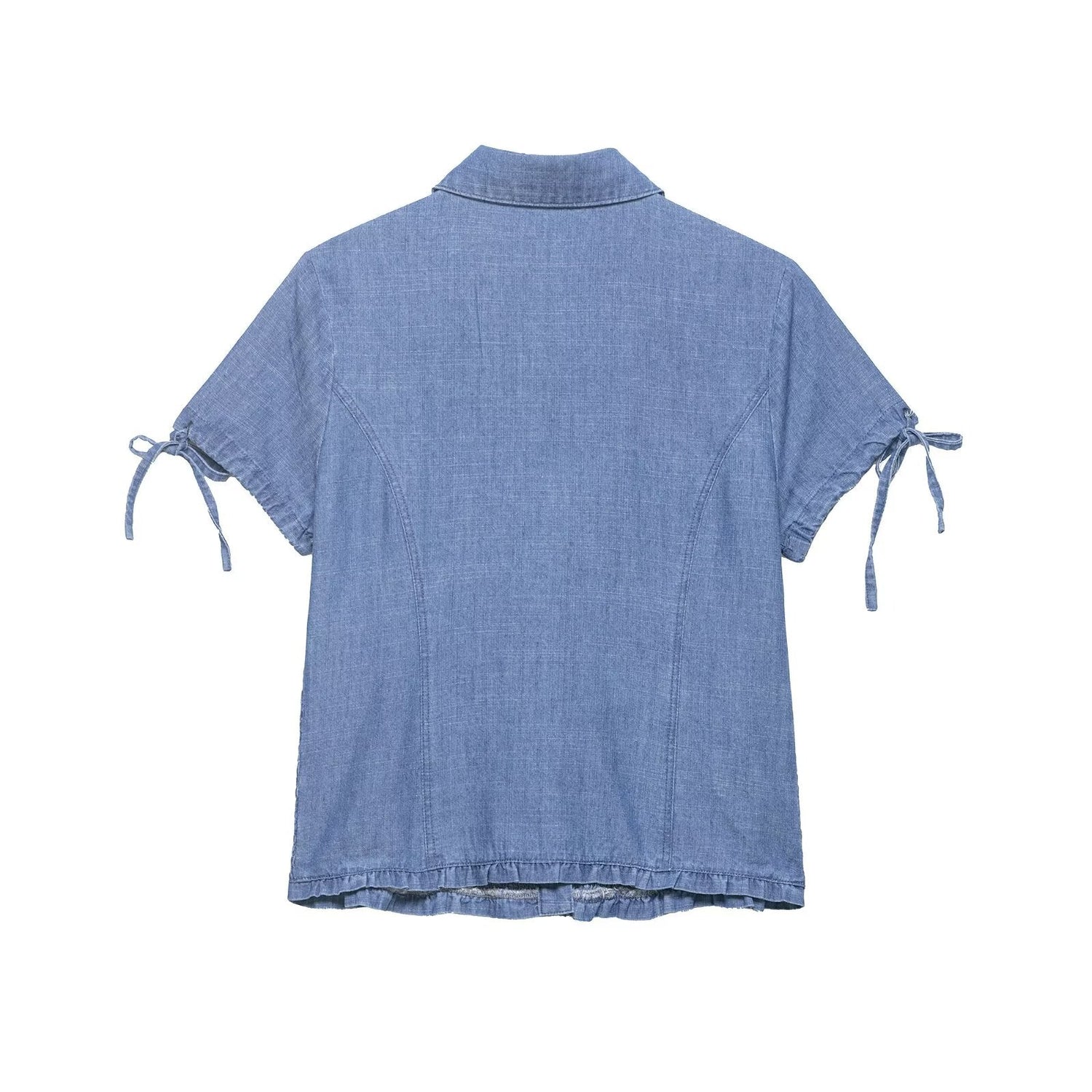 Women Clothing Summer Slim Fit Short Sleeved Collared Honeycomb Denim Shirt Women by Ragazza