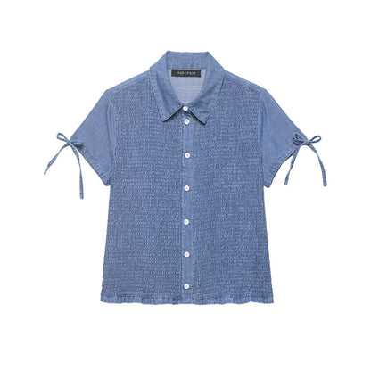 Women Clothing Summer Slim Fit Short Sleeved Collared Honeycomb Denim Shirt Women by Ragazza