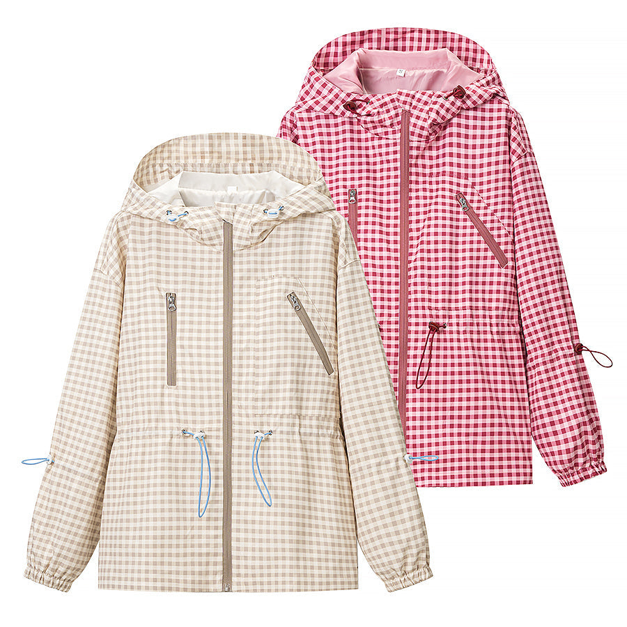 Women Everyday Lace up Waist Controlled Slimming Hooded Plaid Coat by Ragazza