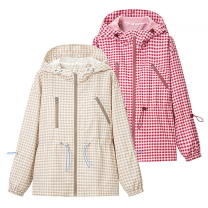 Women Everyday Lace up Waist Controlled Slimming Hooded Plaid Coat by Ragazza
