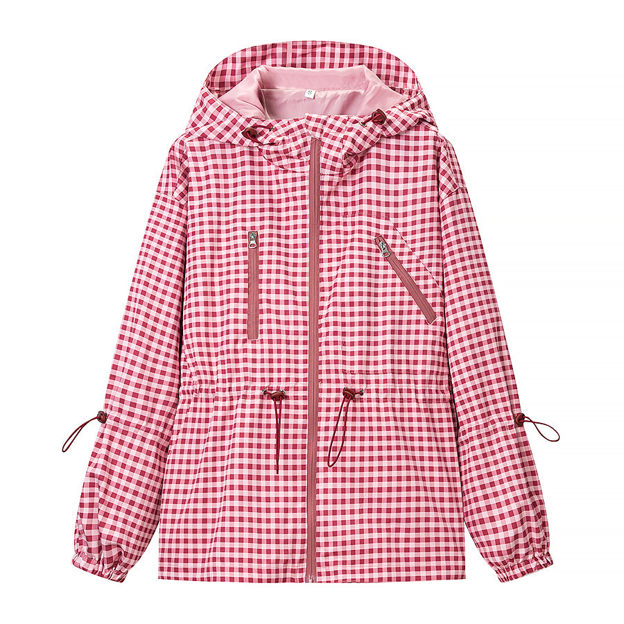 Women Everyday Lace up Waist Controlled Slimming Hooded Plaid Coat by Ragazza