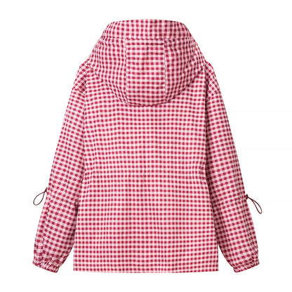 Women Everyday Lace up Waist Controlled Slimming Hooded Plaid Coat by Ragazza