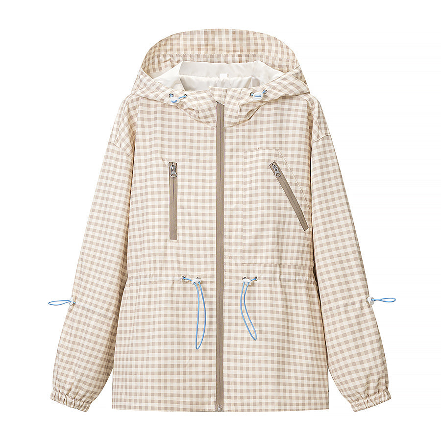Women Everyday Lace up Waist Controlled Slimming Hooded Plaid Coat by Ragazza