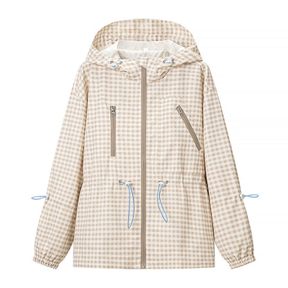 Women Everyday Lace up Waist Controlled Slimming Hooded Plaid Coat by Ragazza