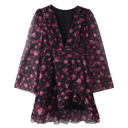 Women Clothing Spring Deep V Plunge neck Floral Printed Ruffled Long Sleeve Dress by Ragazza
