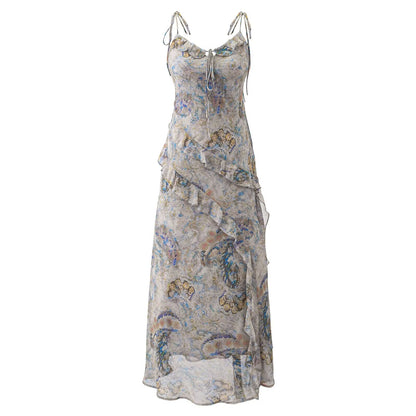 Super Nice Summer Gentle Retro Ruffled Floral Dress Seaside Vacation Strap Dress by Ragazza