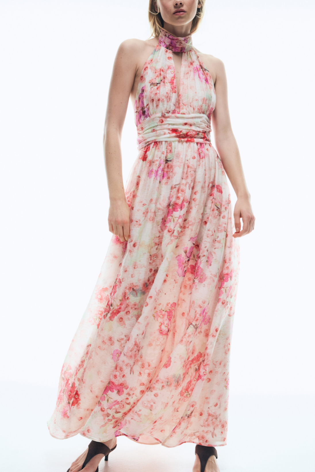 French Romantic Floral Dress Halter Cut out Backless Waist Trimming Slimming Large Hem Elegant Dress by Ragazza