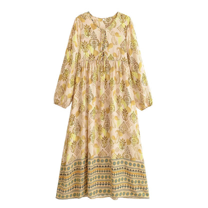 Women Loose Bohemian Flared Dress with Embroidered Tassel Print by Ragazza