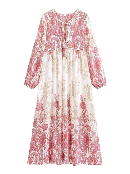 Women Loose Bohemian Flared Dress with Embroidered Tassel Print by Ragazza