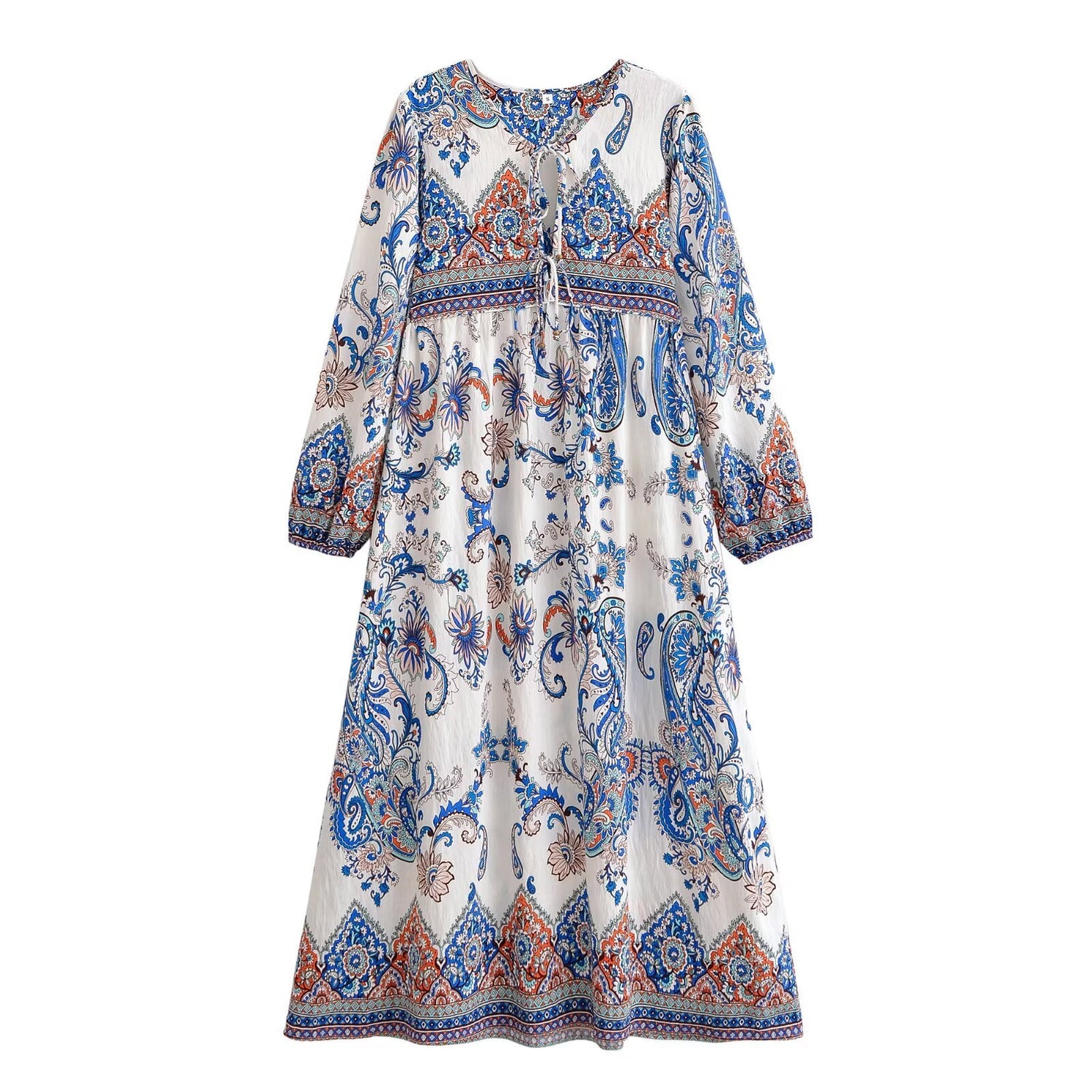 Women Loose Bohemian Flared Dress with Embroidered Tassel Print by Ragazza