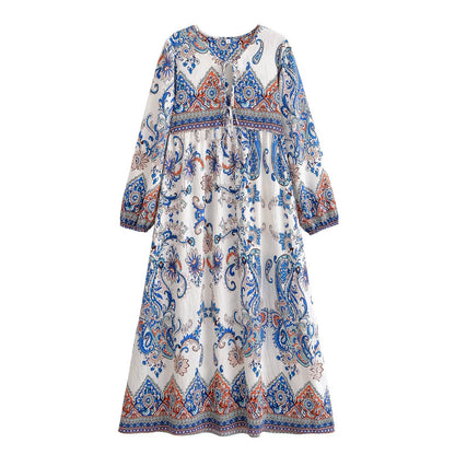 Women Loose Bohemian Flared Dress with Embroidered Tassel Print by Ragazza