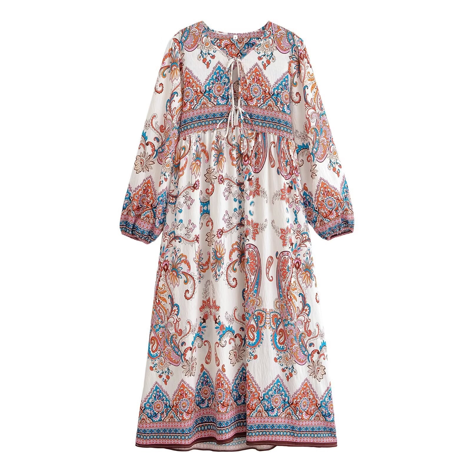 Women Loose Bohemian Flared Dress with Embroidered Tassel Print by Ragazza