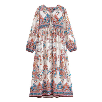 Women Loose Bohemian Flared Dress with Embroidered Tassel Print by Ragazza