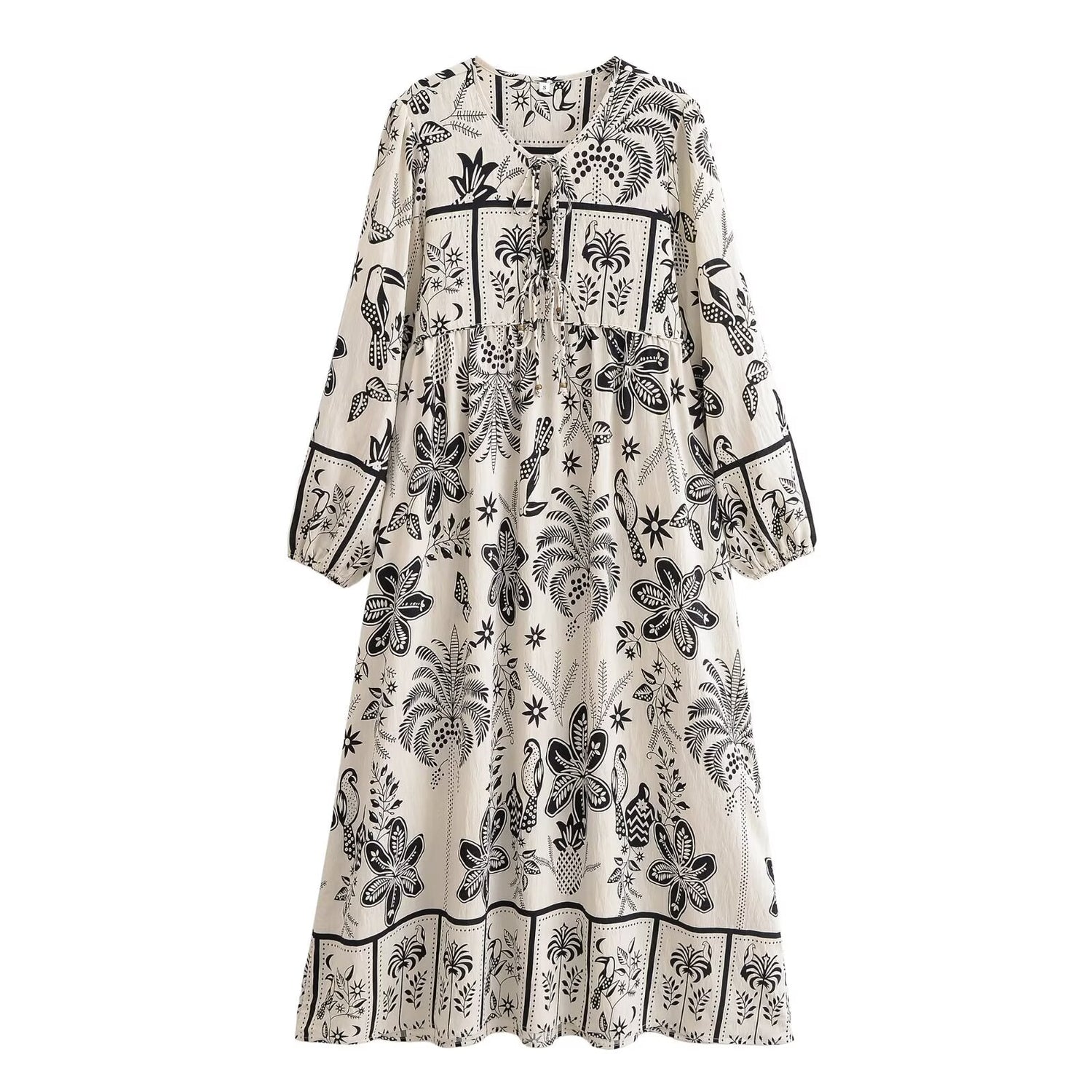 Women Loose Bohemian Flared Dress with Embroidered Tassel Print by Ragazza