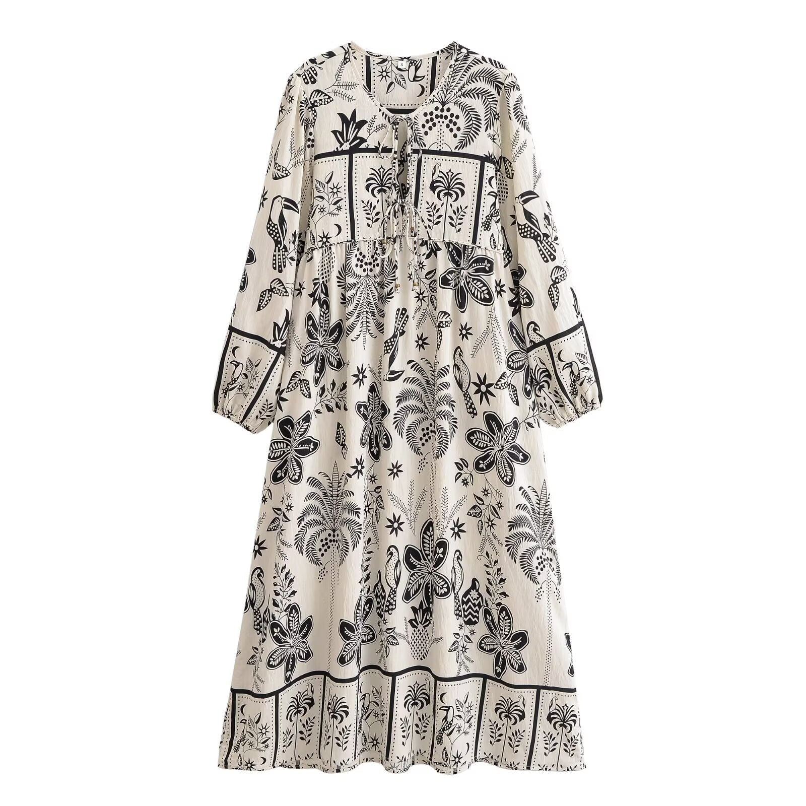 Women Loose Bohemian Flared Dress with Embroidered Tassel Print by Ragazza