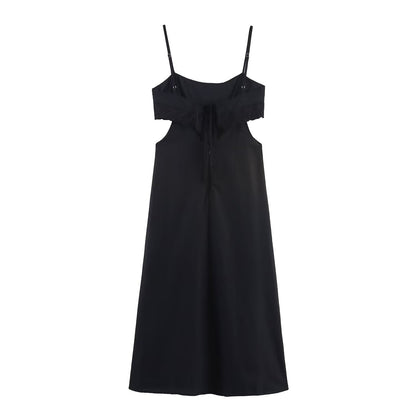 Elegant Black Slim Fit Slimming Lace Stitching Side Waist Split Sling Dress by Ragazza