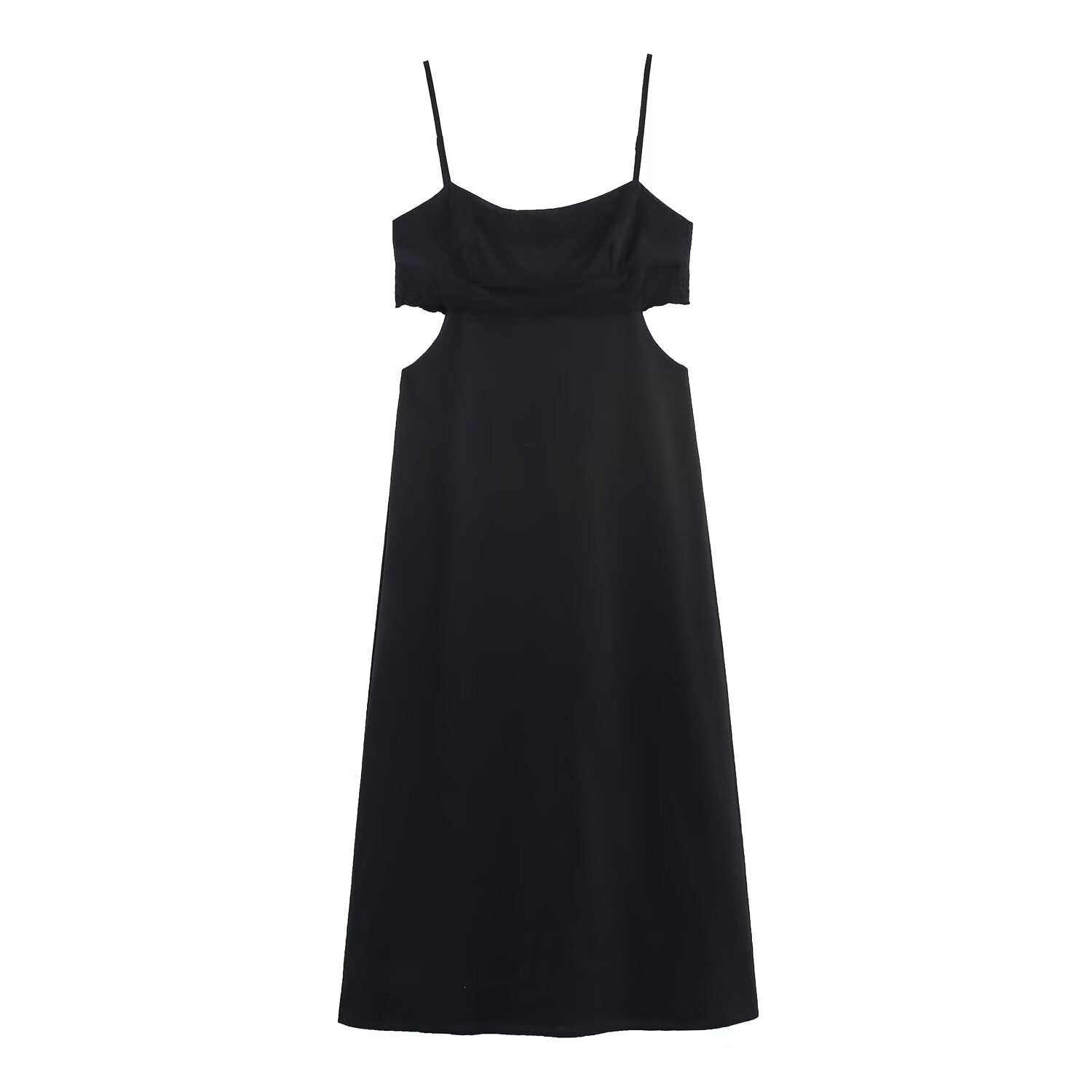 Elegant Black Slim Fit Slimming Lace Stitching Side Waist Split Sling Dress by Ragazza
