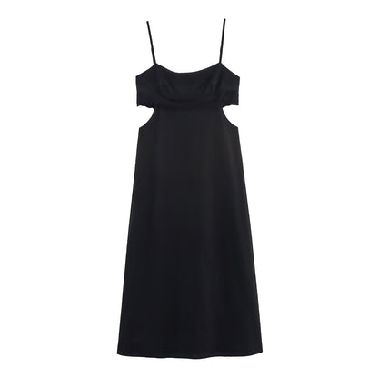 Elegant Black Slim Fit Slimming Lace Stitching Side Waist Split Sling Dress by Ragazza