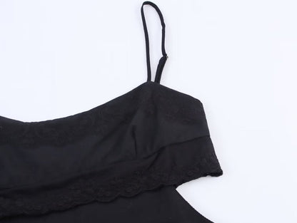 Elegant Black Slim Fit Slimming Lace Stitching Side Waist Split Sling Dress by Ragazza