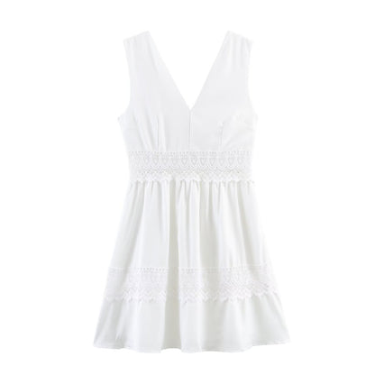 Women Clothing Summer Slim Waist Lace Short Stitching Dress by Ragazza