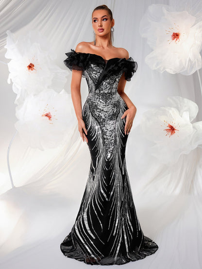 High End Affordable Luxury off Shoulder Ruffled Evening Dress Silver Sequined Slim Fit Slimming Dinner Party Fishtail Dress  DestGlow