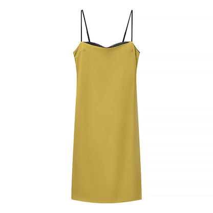 Summer Color Contrast Patchwork Strappy Low Cut Simple Elegant Midi Dress  DestGlow