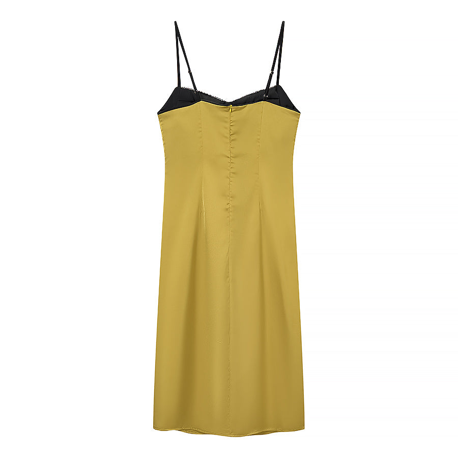 Summer Color Contrast Patchwork Strappy Low Cut Simple Elegant Midi Dress  DestGlow