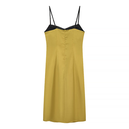 Summer Color Contrast Patchwork Strappy Low Cut Simple Elegant Midi Dress  DestGlow