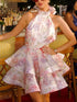 Summer French Sweet Printed Hanging Collar Stacked Ruffled Waist Dress  DestGlow