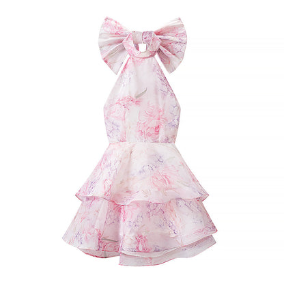 Summer French Sweet Printed Hanging Collar Stacked Ruffled Waist Dress  DestGlow