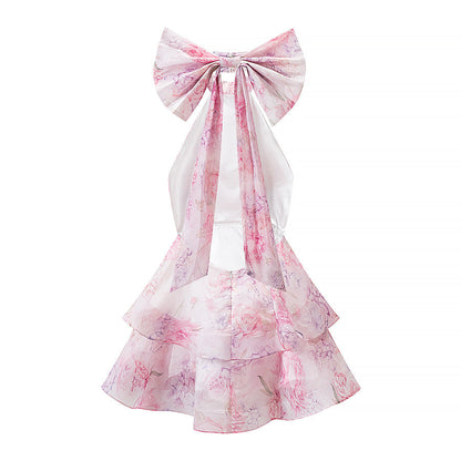 Summer French Sweet Printed Hanging Collar Stacked Ruffled Waist Dress  DestGlow
