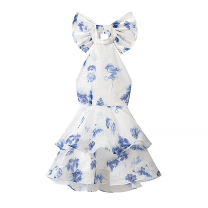 Summer French Sweet Printed Hanging Collar Stacked Ruffled Waist Dress  DestGlow