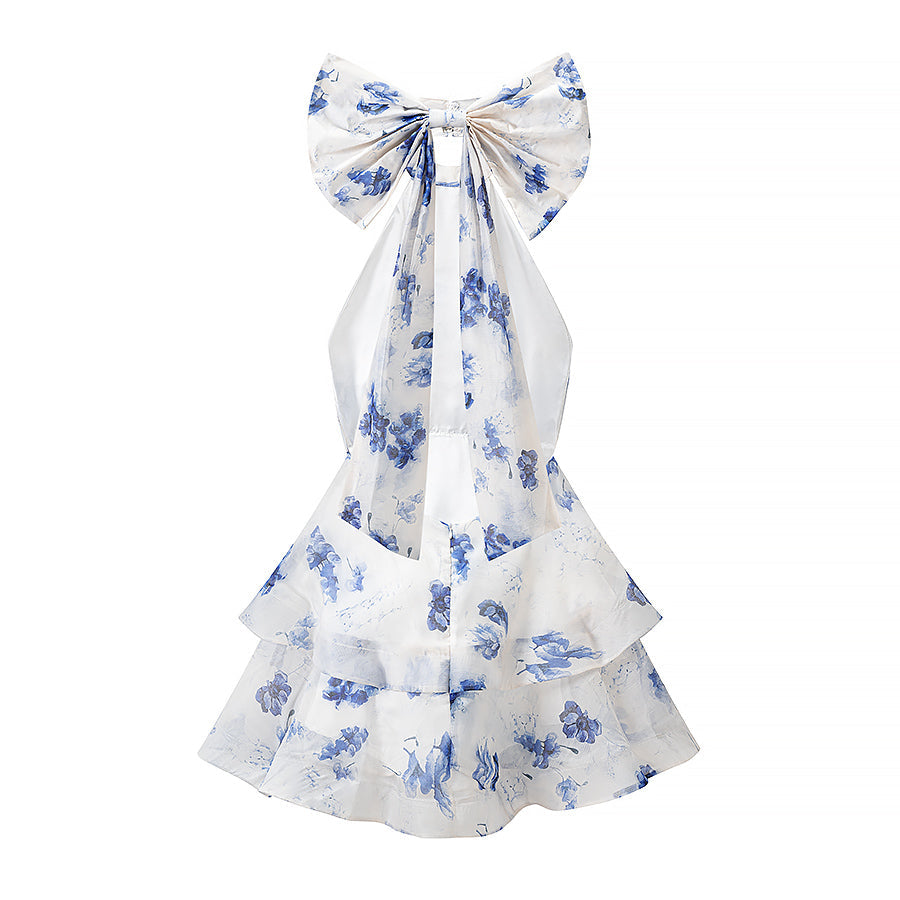 Summer French Sweet Printed Hanging Collar Stacked Ruffled Waist Dress  DestGlow