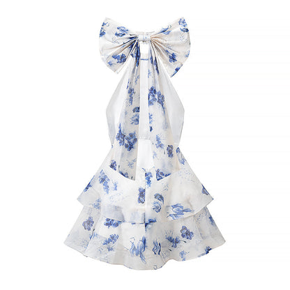 Summer French Sweet Printed Hanging Collar Stacked Ruffled Waist Dress  DestGlow