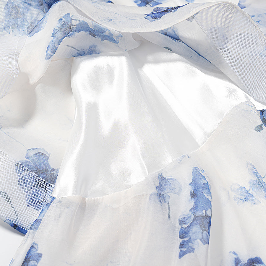 Summer French Sweet Printed Hanging Collar Stacked Ruffled Waist Dress  DestGlow