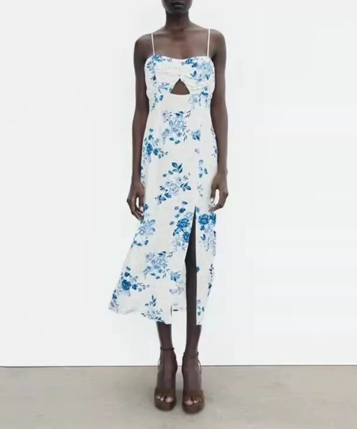 Women Clothing Spring Holiday Backless Spaghetti Strap Floral Print Midi Dress  DestGlow