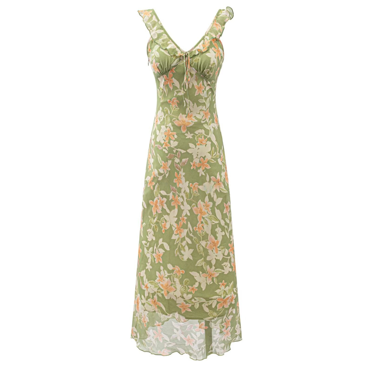 French Elegant Retro Green V neck Floral Dress Women Summer Waist Slimming Thin Slimming Dress  DestGlow