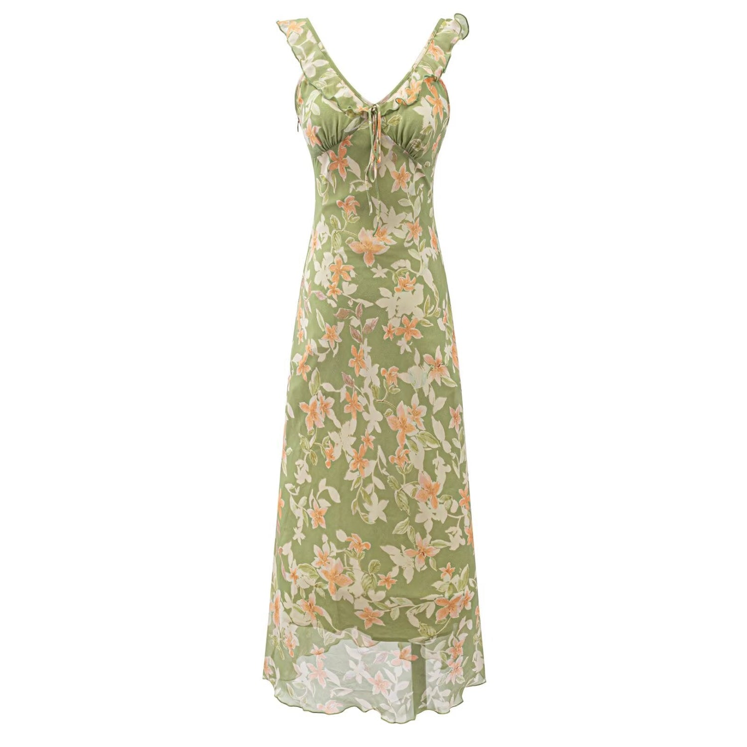 French Elegant Retro Green V neck Floral Dress Women Summer Waist Slimming Thin Slimming Dress  DestGlow