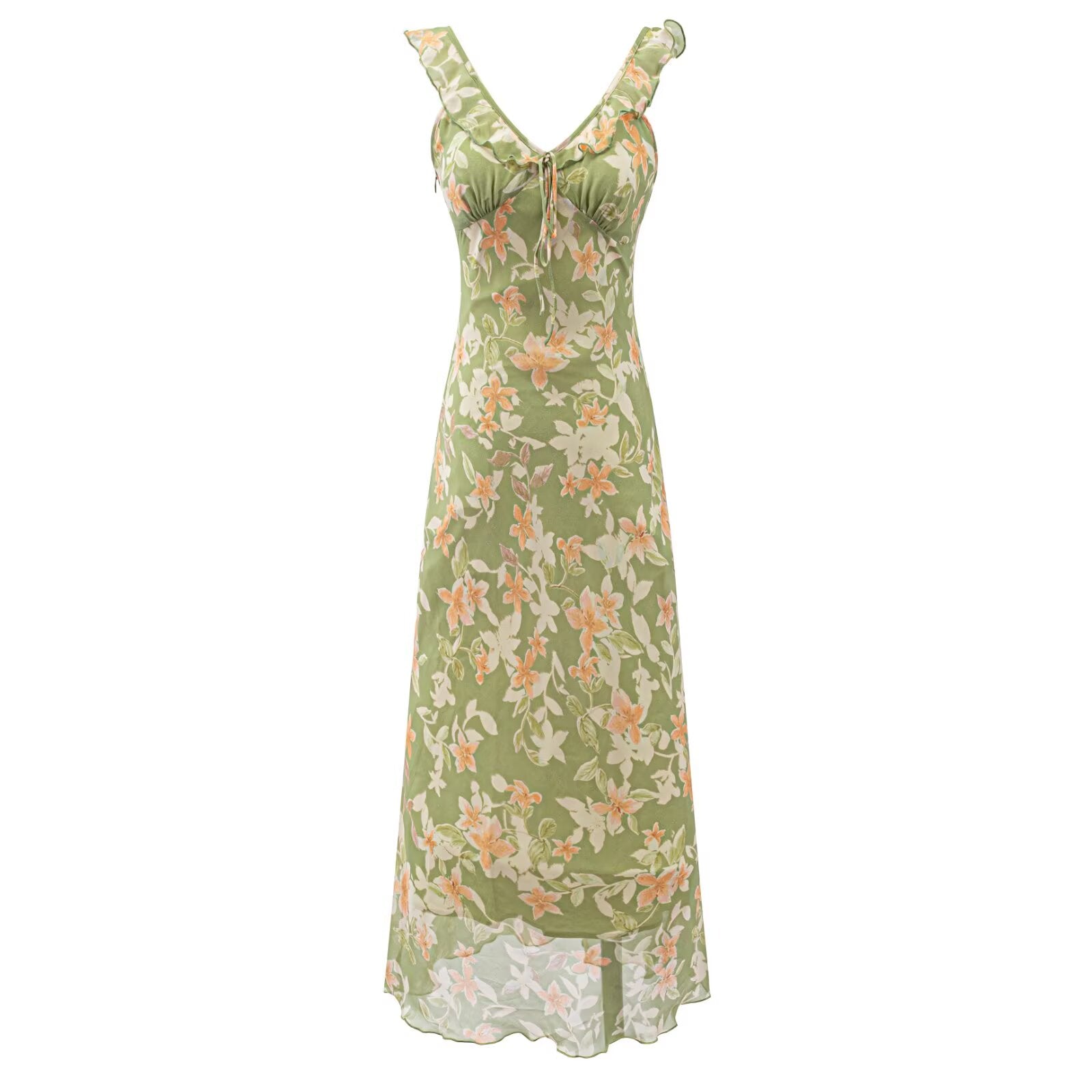 French Elegant Retro Green V neck Floral Dress Women Summer Waist Slimming Thin Slimming Dress  DestGlow