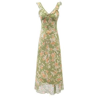 French Elegant Retro Green V neck Floral Dress Women Summer Waist Slimming Thin Slimming Dress  DestGlow