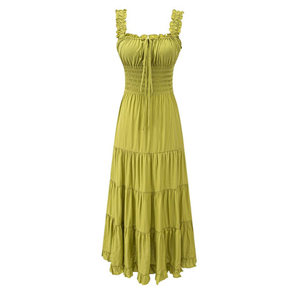 Fairy Dress Seaside Wear Tight Waist Strap Dress Women Summer Beautiful Square Collar Slimming Umbrella Swing Dress  DestGlow